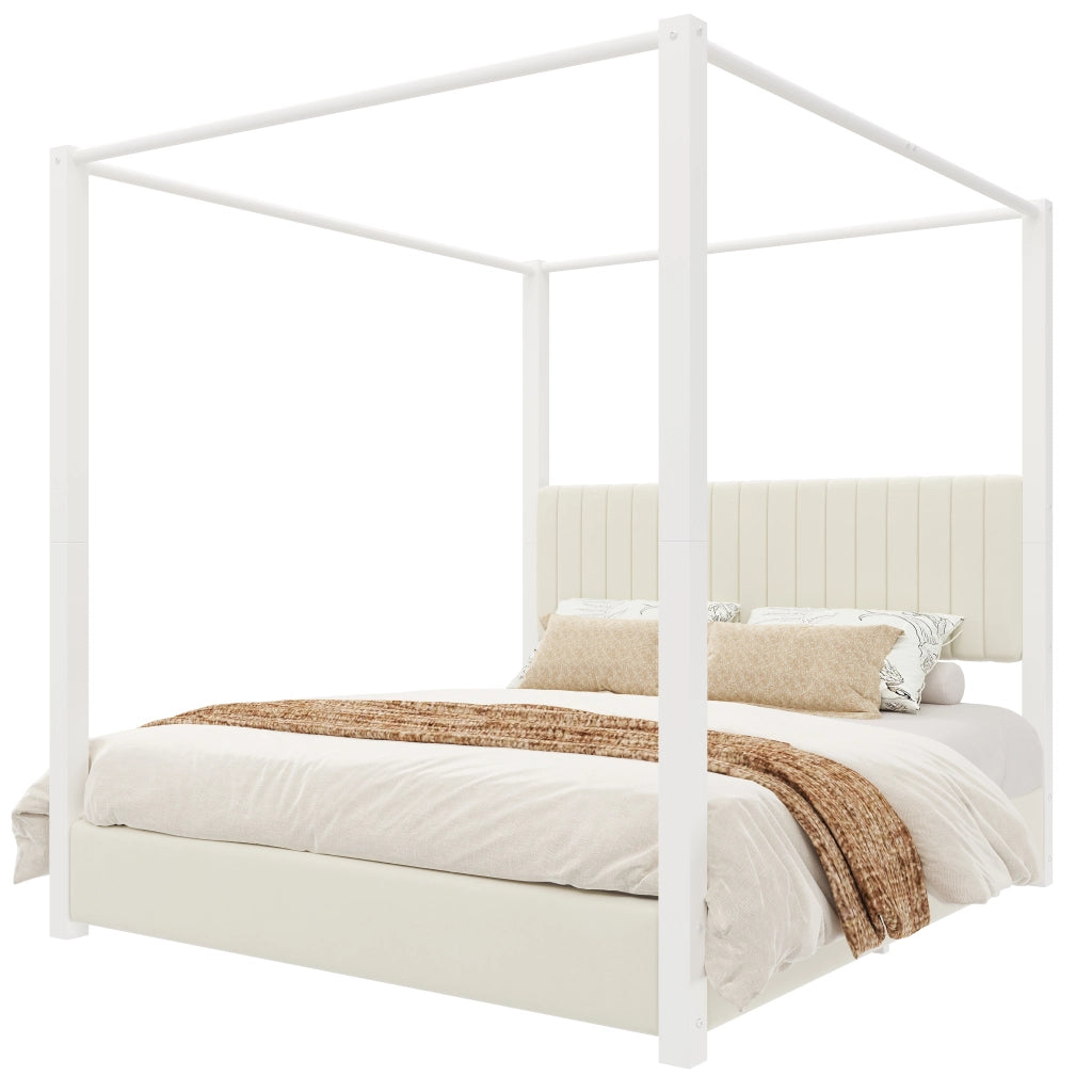 Letto matrimoniale a baldacchino 180×200 cm imbottito in velluto beige e bianco con testiera e montanti in metallo