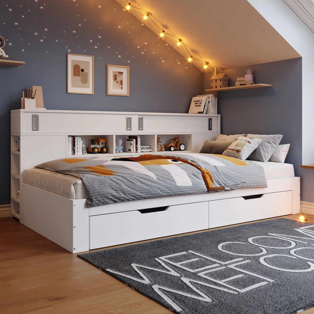 Letto multifunzione con cassetti e contenitori, 140x190 cm, bianco