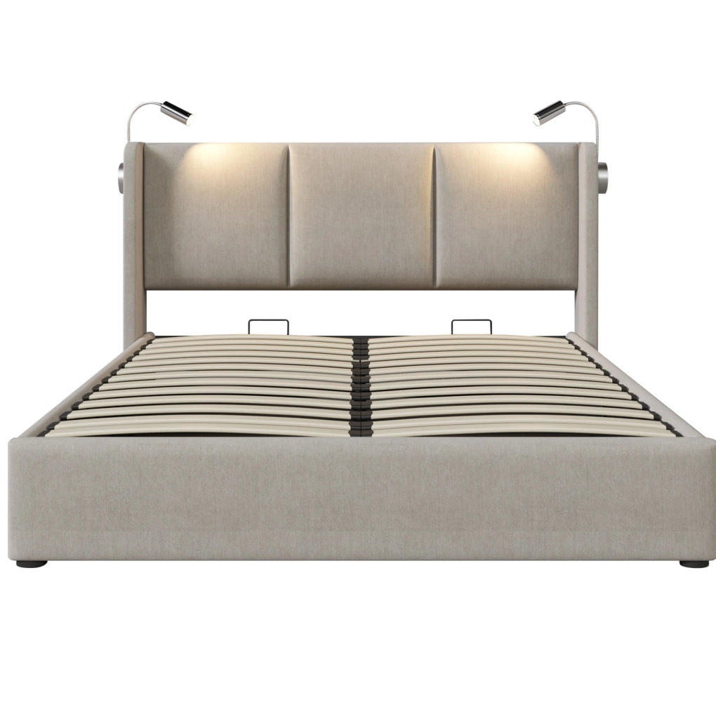 Letto con contenitore sollevabile; lampada da lettura e ricarica integrata; Acacia Wood
