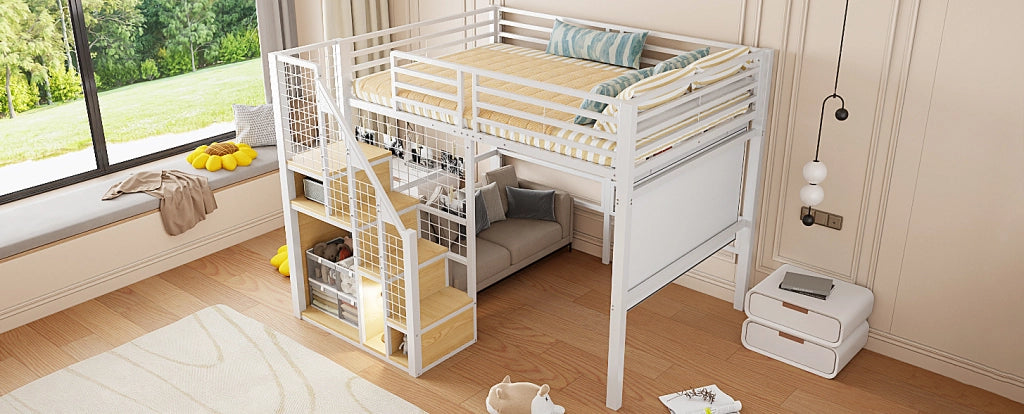 Letto a soppalco in metallo 140x200 cm con scaletta e spazio contenitivo, letto per ragazzi nero e bianco