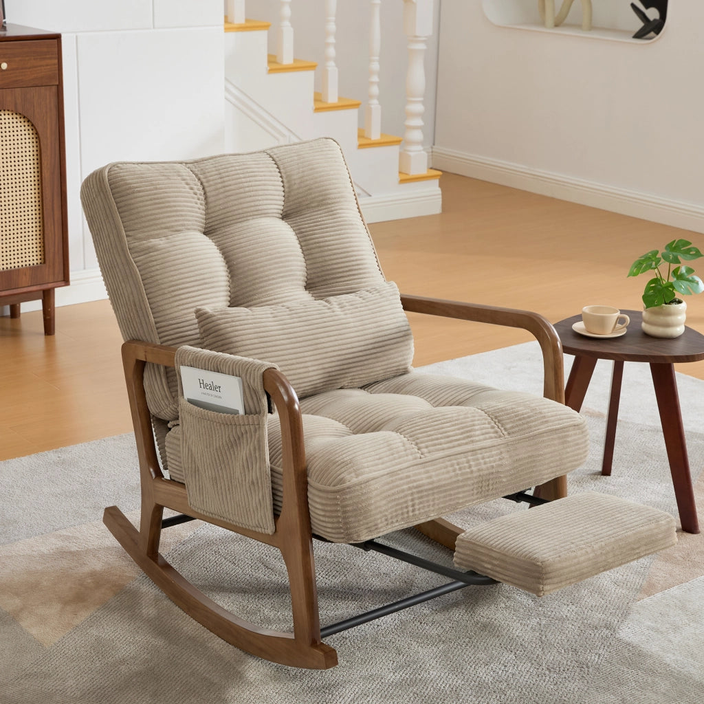 Sedia a dondolo - Poltrona reclinabile - Per cameretta - Poltrona - Ergonomica - Schienale regolabile - Con tasche laterali - Con poggiapiedi - Con supporto lombare - Gambe in legno - Design moderno - In tessuto