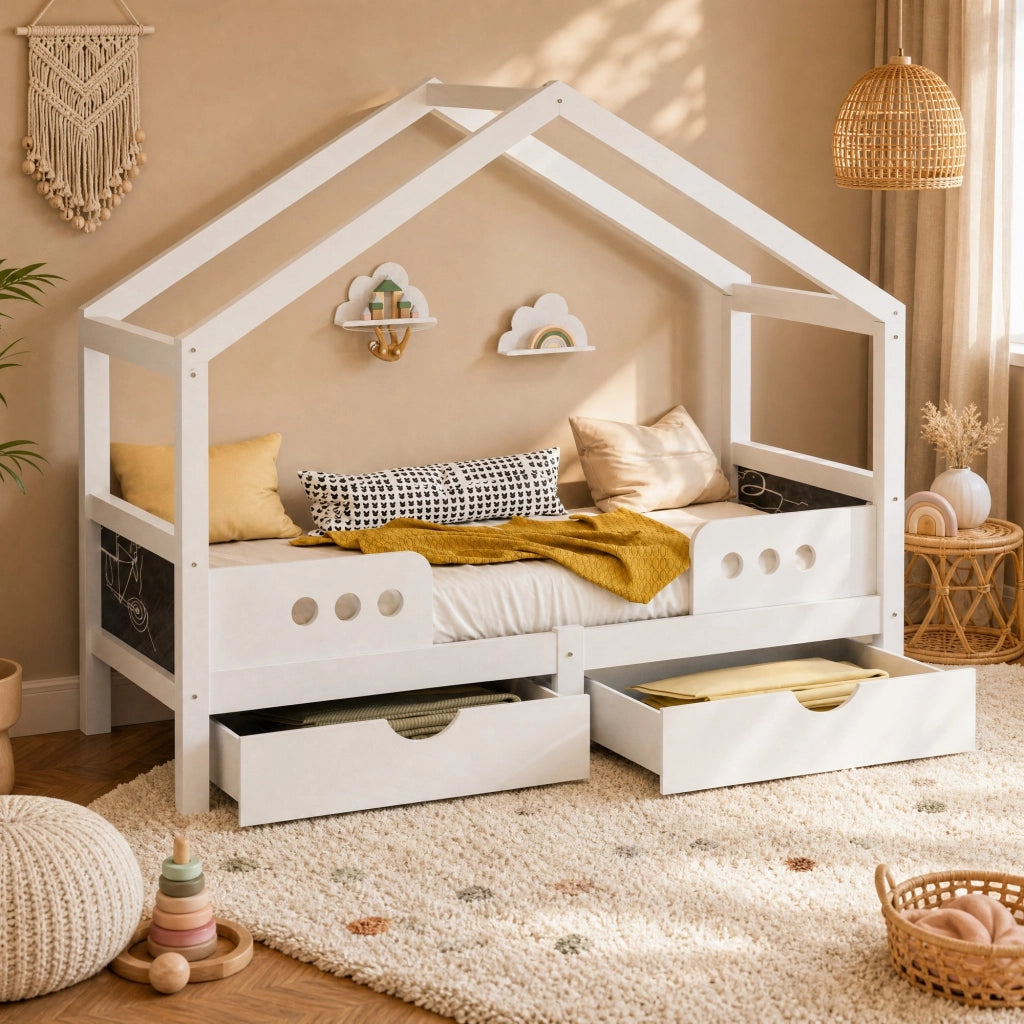 Lettino per bambini con tetto; 2 cassetti e lavagna; 90x200 cm; bianco