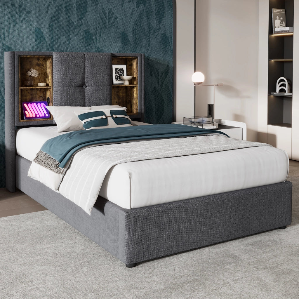 Letto contenitore 90 × 200 cm con ricarica wireless USB e testiera imbottita in cotone grigio