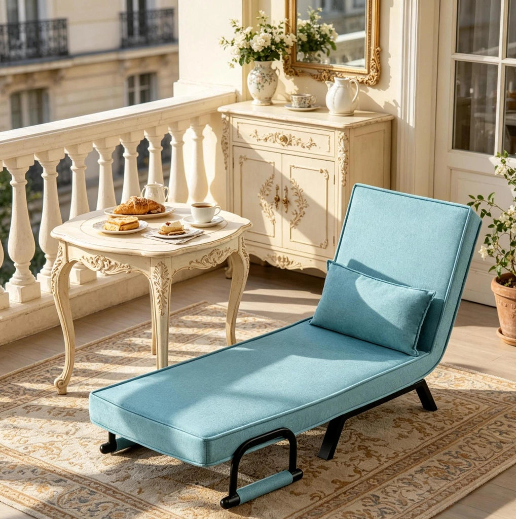 Poltrona letto ULEVR 3 in 1 blu con schienale regolabile in 5 posizioni, struttura in metallo, portata 150 kg