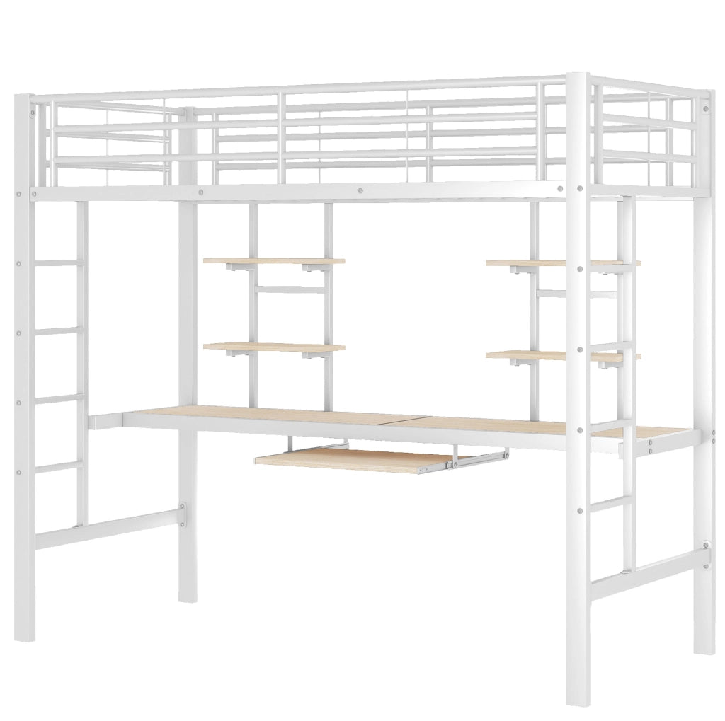 Letto a soppalco in metallo bianco 90x200 cm con scrivania e mensole YEAVIO