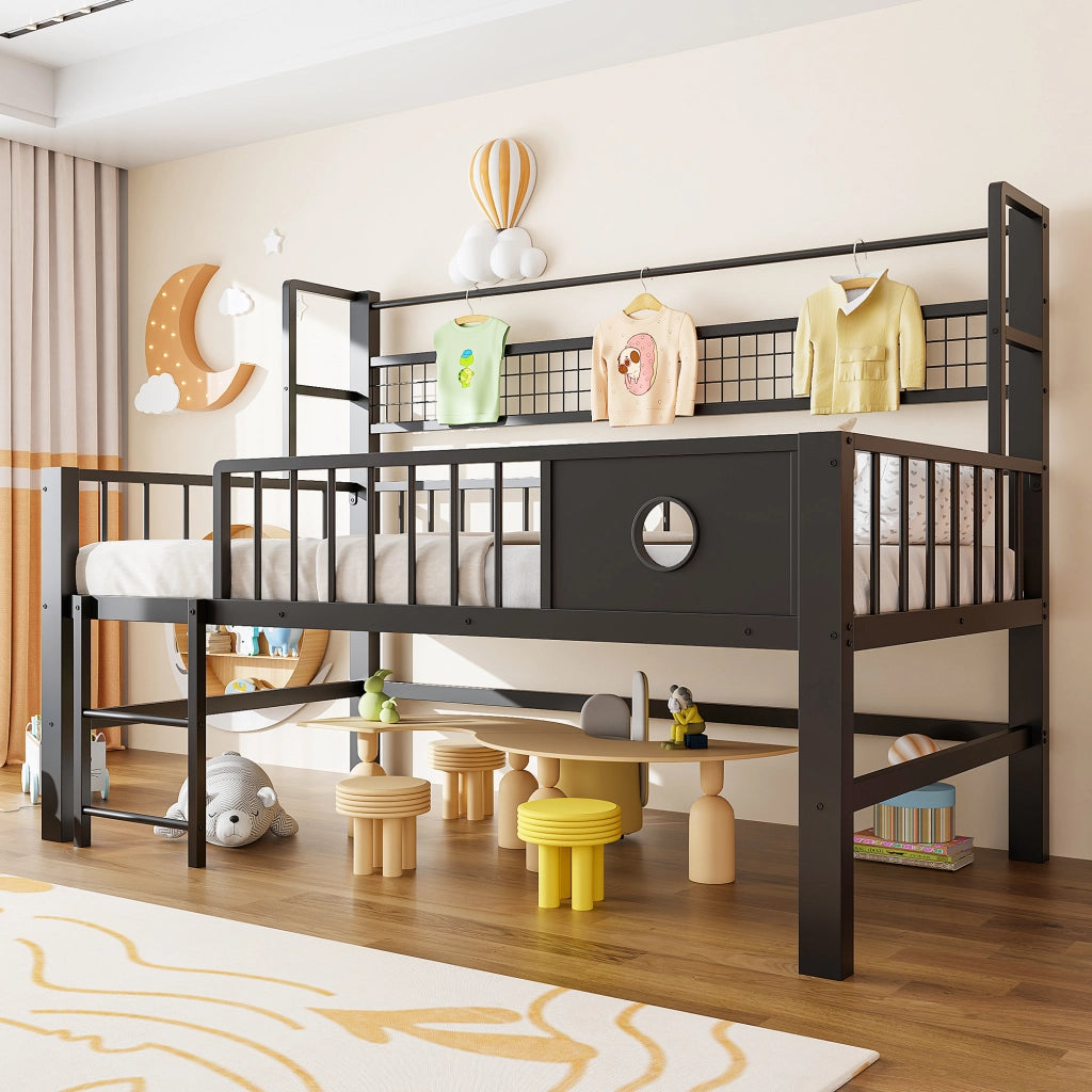 Letto a soppalco basso per bambini 90 × 200 cm in metallo e MDF nero con sponde alte ripiano e barra appendiabiti