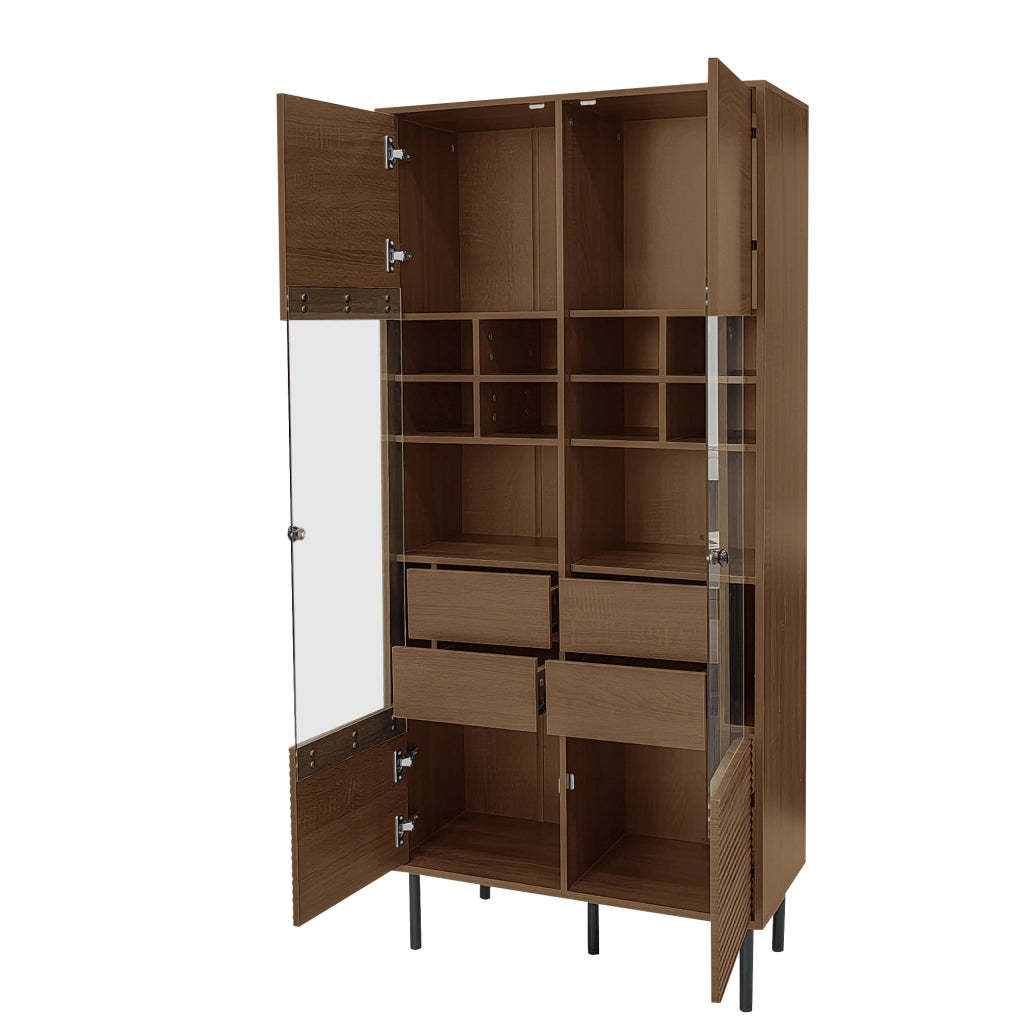Mobile multiuso in legno noce con frontale in vetro, ripiani e cassetto nascosto per bagno, soggiorno e ufficio