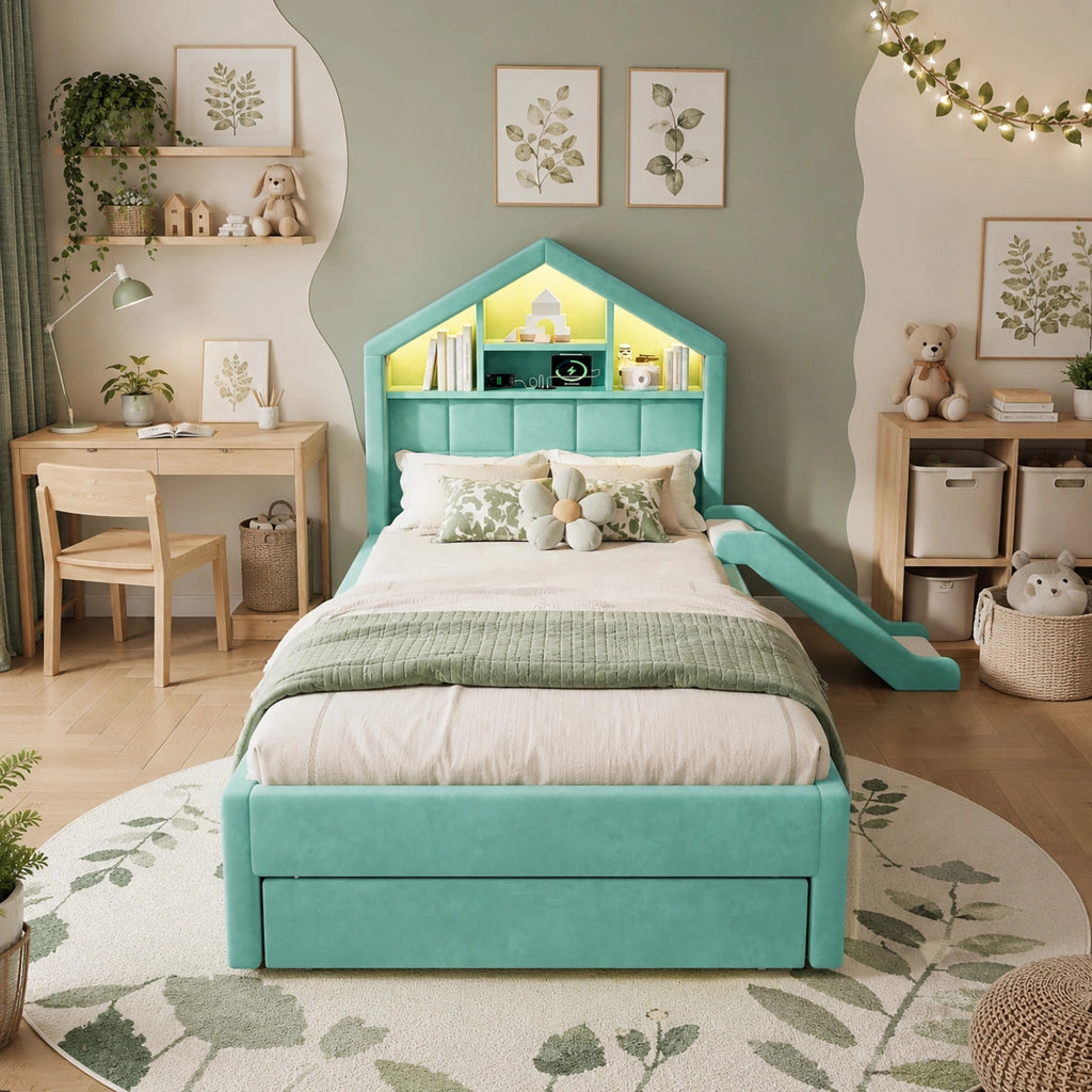Letto a casetta 90 x 200 cm - letto singolo imbottito in velluto con scivolo reversibile, LED, presa di ricarica e contenitore, verde acqua