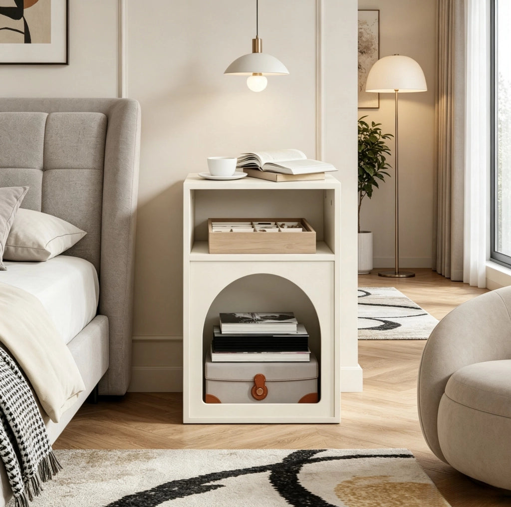 Comodino ULEVR 40x30x60 cm con 2 vani aperti, in MDF color crema, design ad arco