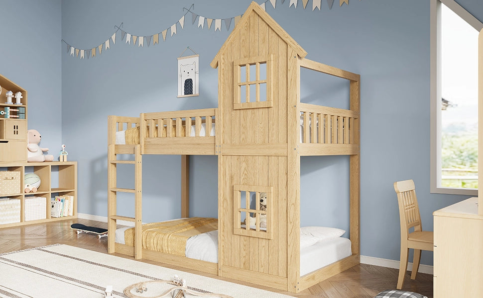 Letto a castello a casetta in pino e MDF; colore naturale; con due finestre e scala; 90x200 cm