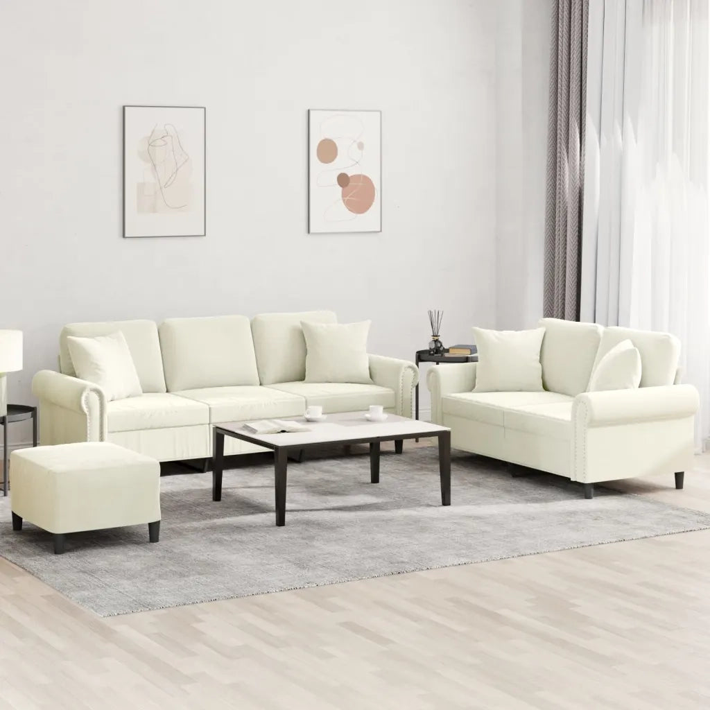 Set di Divani 3 pz con Cuscini Crema in Velluto