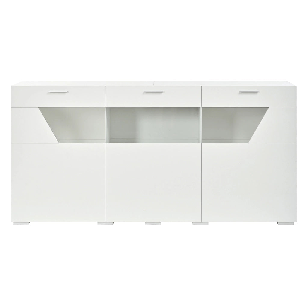 Credenza con LED gestibile tramite app, 3 ante con vetro e vani contenitore per soggiorno, bianca, 160 × 38 × 78 cm