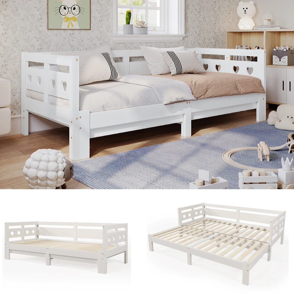 Divano letto estensibile 90 × 200 cm con seconda superficie letto in legno bianco a forma di cuore