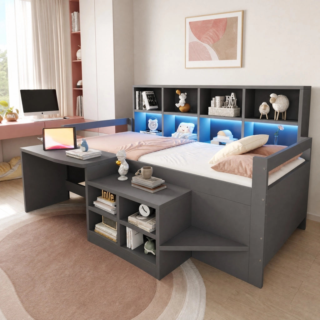 Letto a soppalco 90 × 200 cm con scrivania contenitori LED USB presa elettrica e scala in legno grigio