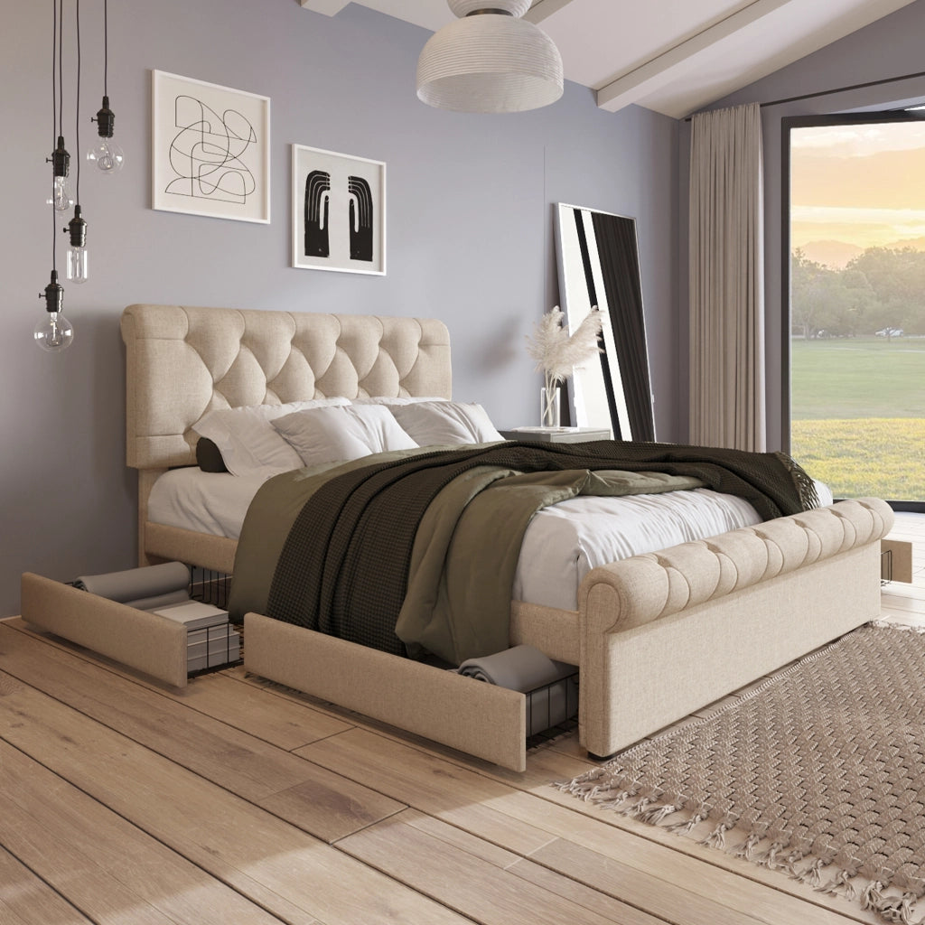 Letto matrimoniale 140x200 con materasso; 4 cassetti; naturale