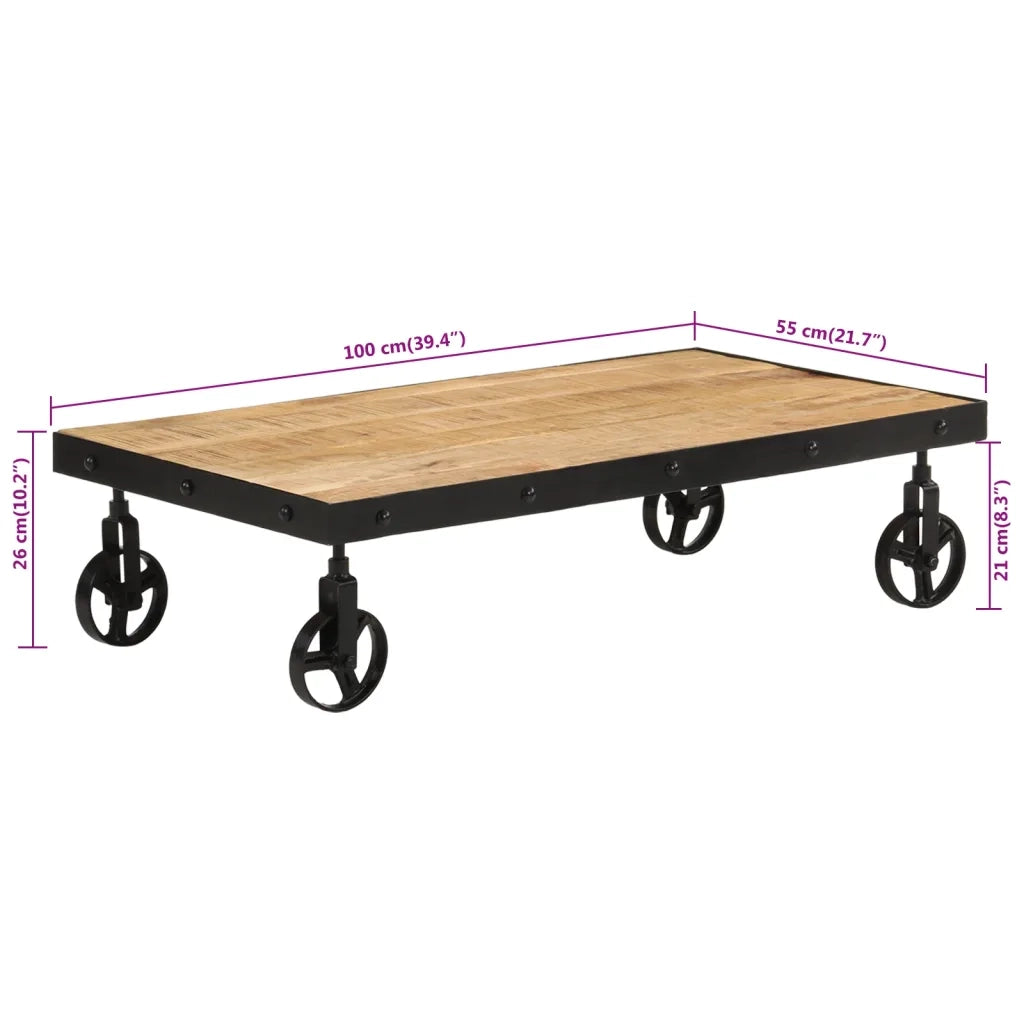 Tavolino da Salotto con Ruote-Tavolino da soggiorno Legno Massello Mango 100x55x26 cm
