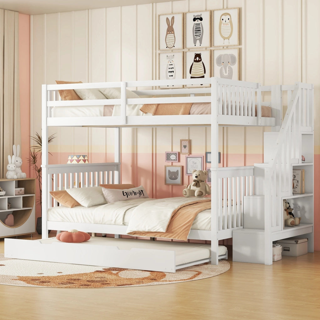 Letto a soppalco 140x200 cm con letto estraibile e ripiani scala in pino e MDF bianco