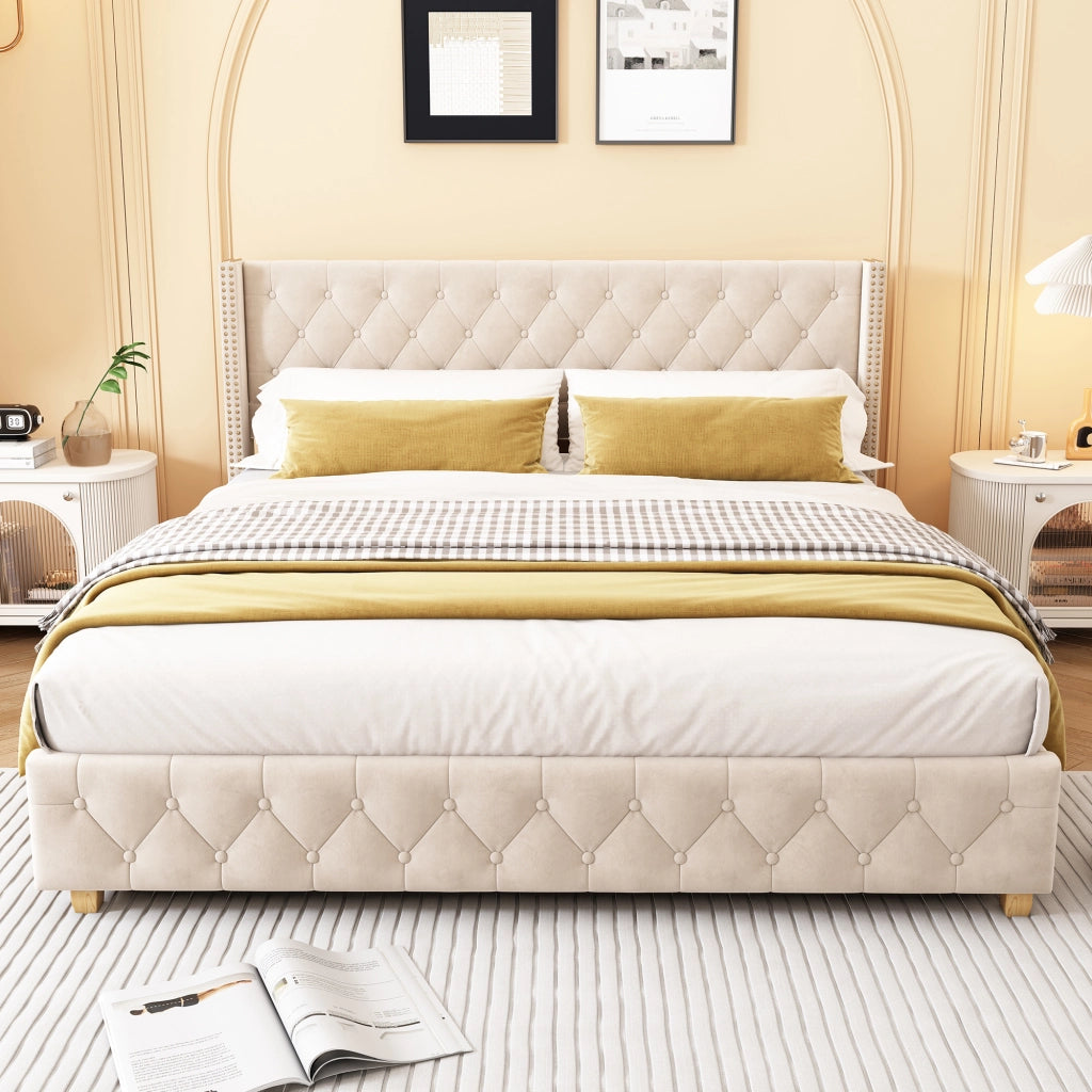 Letto imbottito 180 × 200 cm con rete a doghe e testiera rivestita in velluto beige chiaro