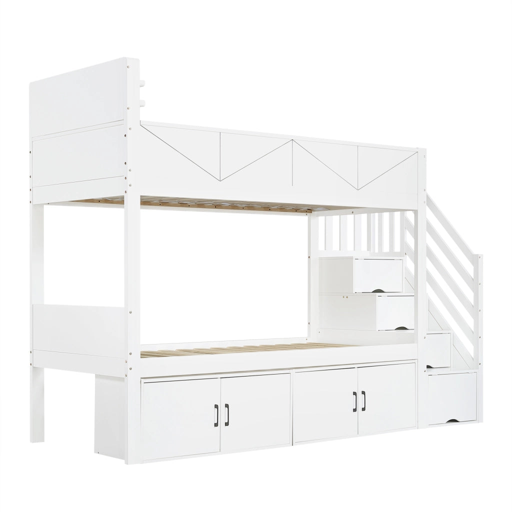 Letto a castello 90 × 200 cm 2 posti con scala contenitore, vani chiusi e ripiano libri, senza materasso, bianco