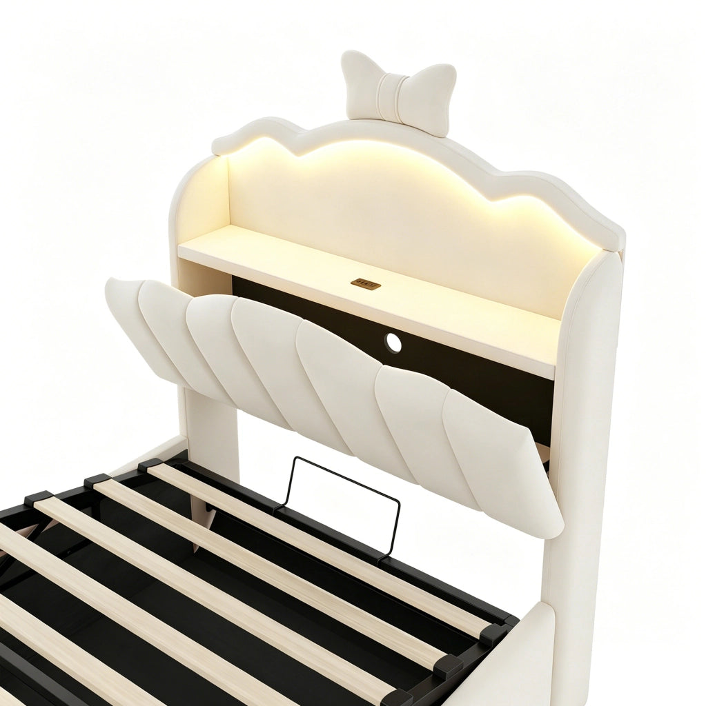 Letto per bambini imbottito 90x200 cm con contenitore idraulico, LED, USB e USB-C, beige