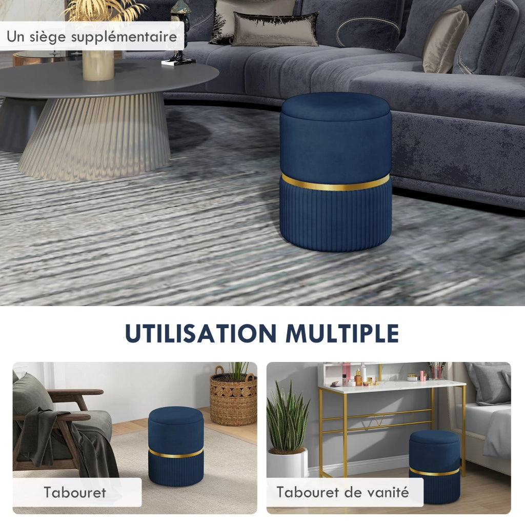 Pouf Contenitore Poggiapiedi Rotondo in Velluto a Coste 36 x 36 x 44 cm Sgabello Salvaspazio per Salotto e Camera Blu