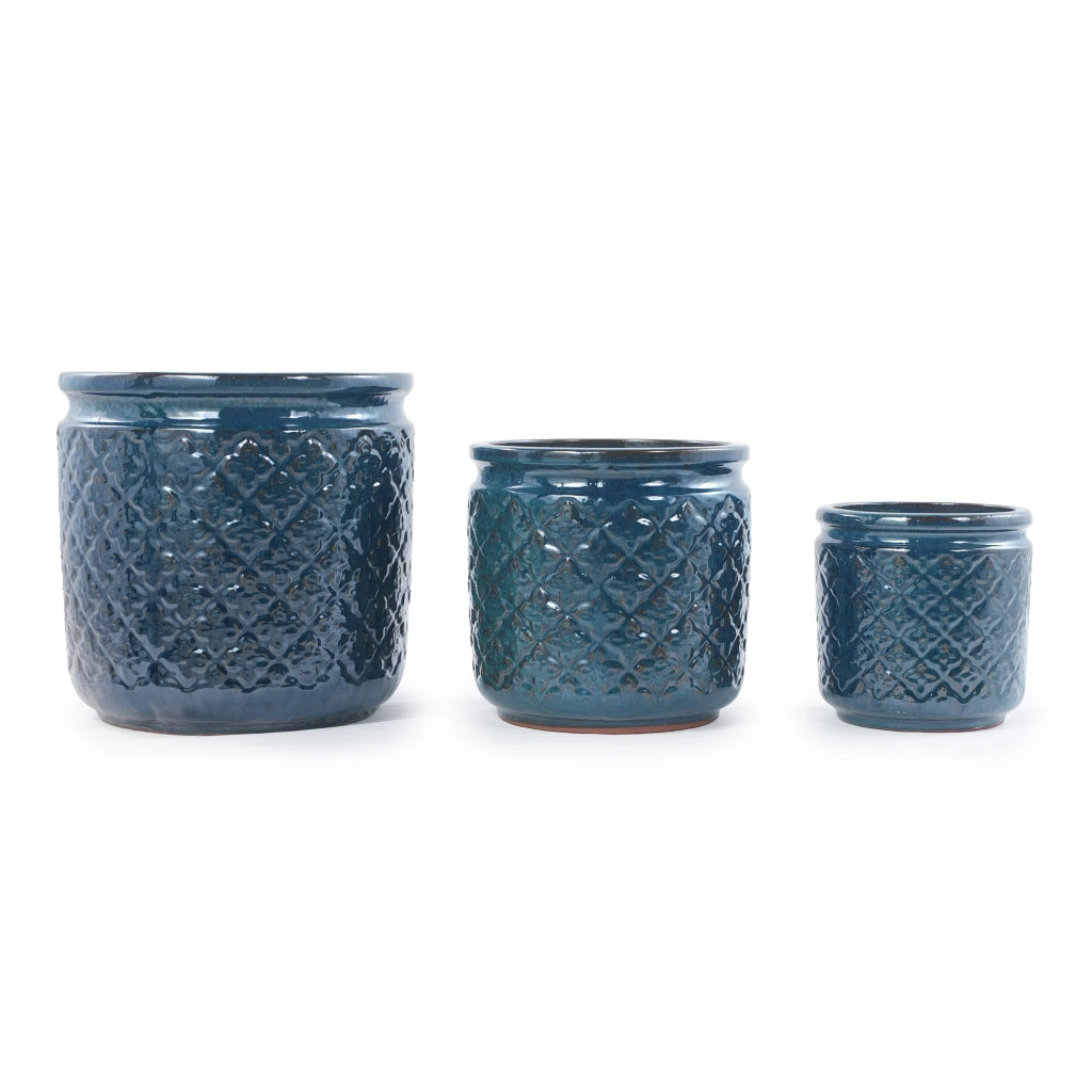 Vaso in ceramica set di 3 con rilievo a rombi blu navy e fori di drenaggio per interni e spazi esterni coperti