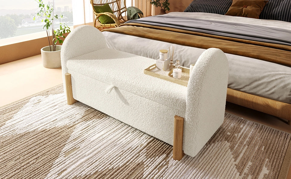 Panca con contenitore idraulico 106 cm bianca in tessuto bouclé chenille con gambe a U in legno di gomma