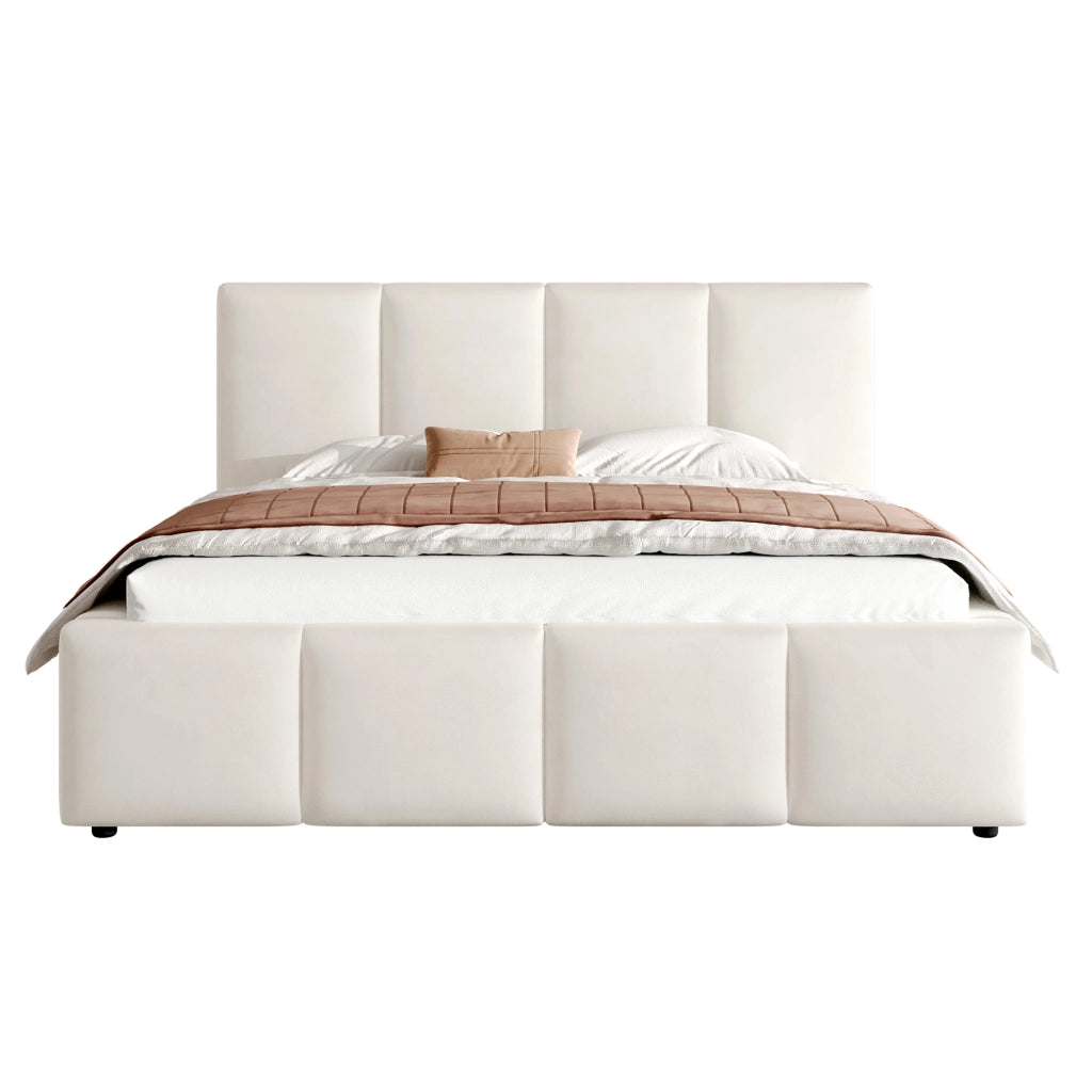 Letto imbottito 180 x 200 cm con testiera 11 cm e rete a doghe, letto matrimoniale in ciniglia beige, design a linee verticali