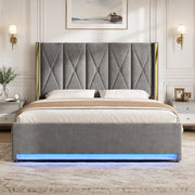 Letto matrimoniale contenitore 180x200 cm in velluto grigio scuro con testiera alta, USB, Type-C e LED