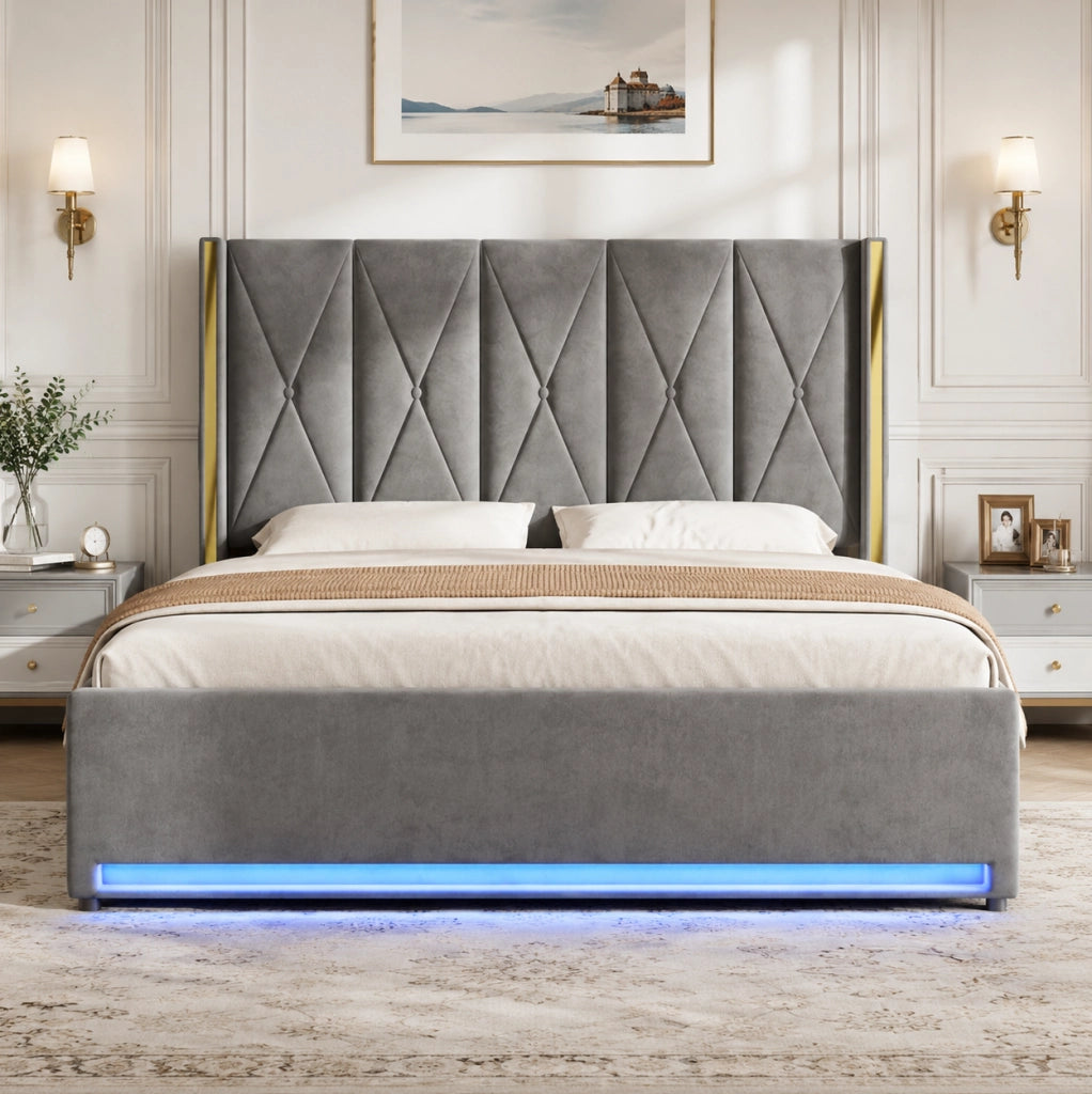 Letto matrimoniale contenitore 180x200 cm in velluto grigio scuro con testiera alta, USB, Type-C e LED