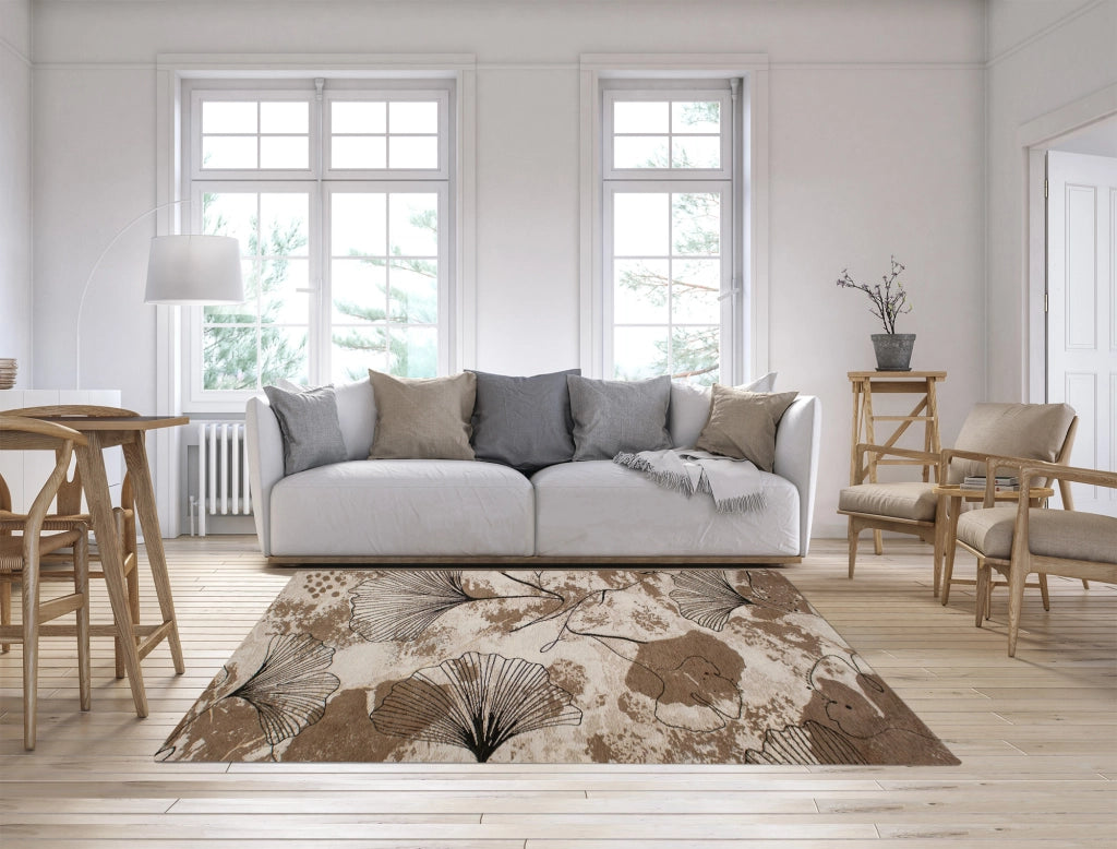 Tappeto Arredo Moderno Morbido in Ciniglia Ingresso Antiscivolo Prodotto Italiano  Soggiorno Camera Salotto Disegni Piazzati Cotone Varie Misure Grande Ginko/Fango - 65x300 cm