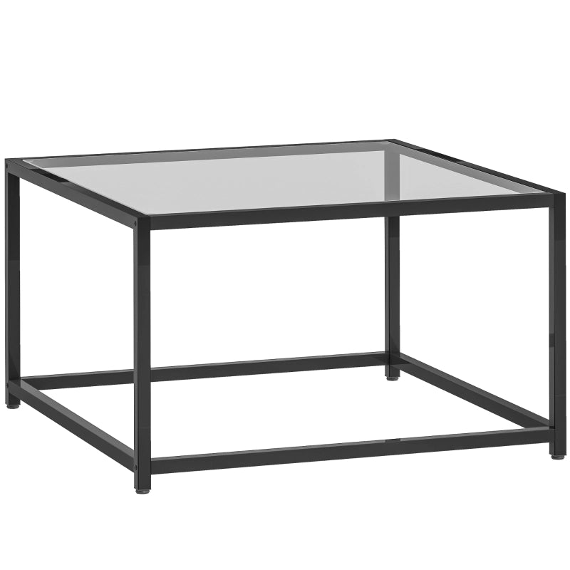 Tavolino basso fisso da soggiorno con piano in vetro temperato e struttura in acciaio nero 68 × 68 × 39 cm