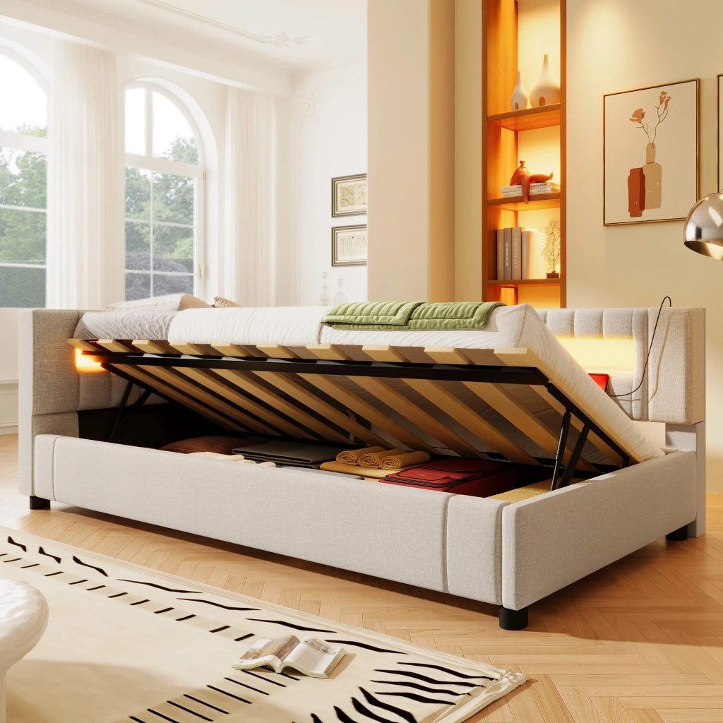 Letto divano 90x200 cm con contenitore con contenitore idraulico; LED; luce ai piedi; USB e Type-C; lino; beige