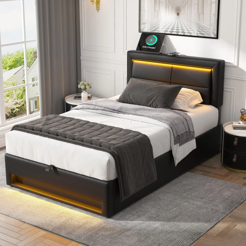 Letto imbottito 90x200 cm in PU nero con USB; LED e contenitore
