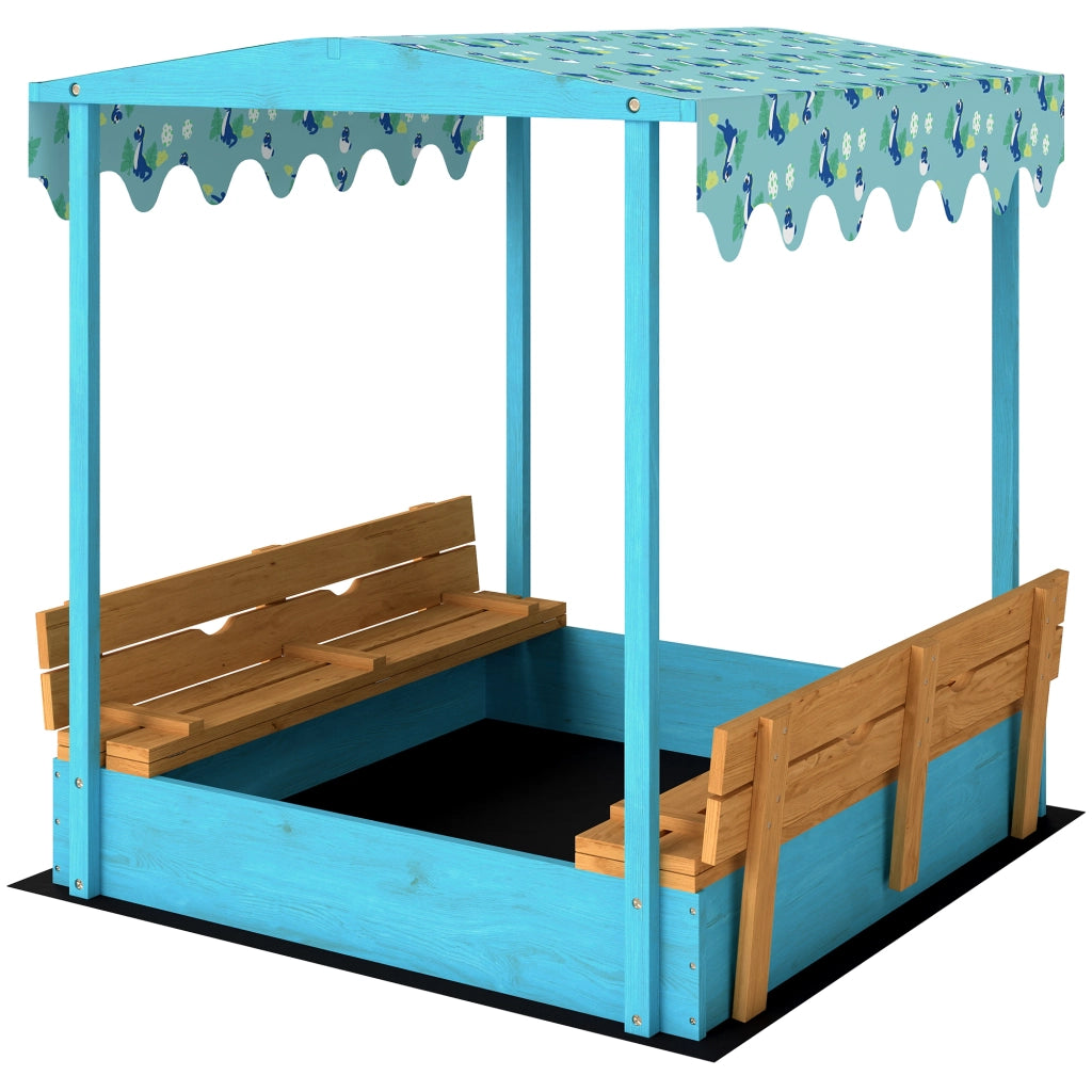 Sabbiera per Bambini 3-6 Anni con Tettuccio Dinosauri,Sedute Pieghevoli,Coperchio e Fodera Inclusa,Sabbionaia per Bambini in Legno di Abete,134.5x127.5x130cm,Blu