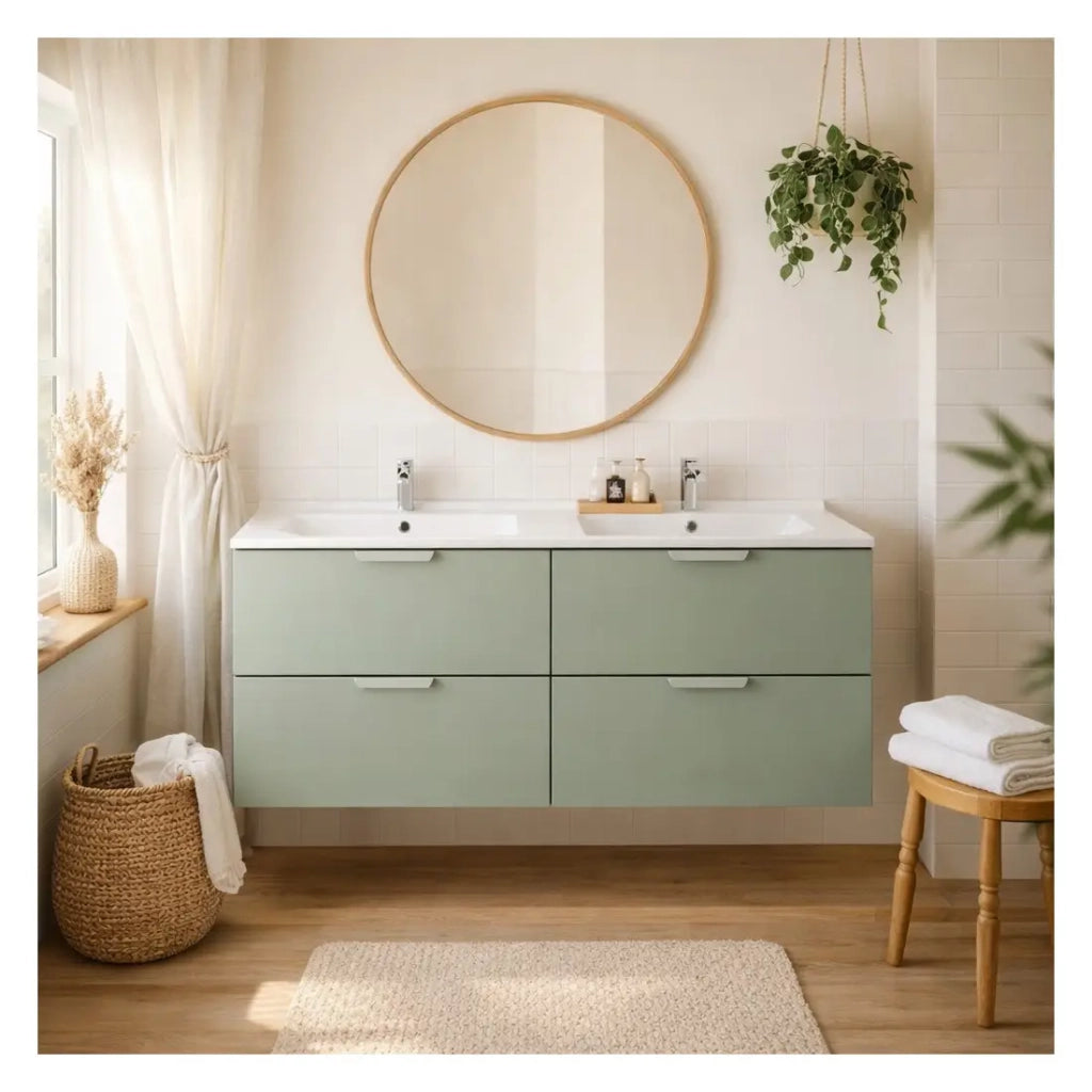 Set da bagno OSTER 120cm: mobile sottolavabo con cassetti verde salvia + doppio lavabo incassato bianco