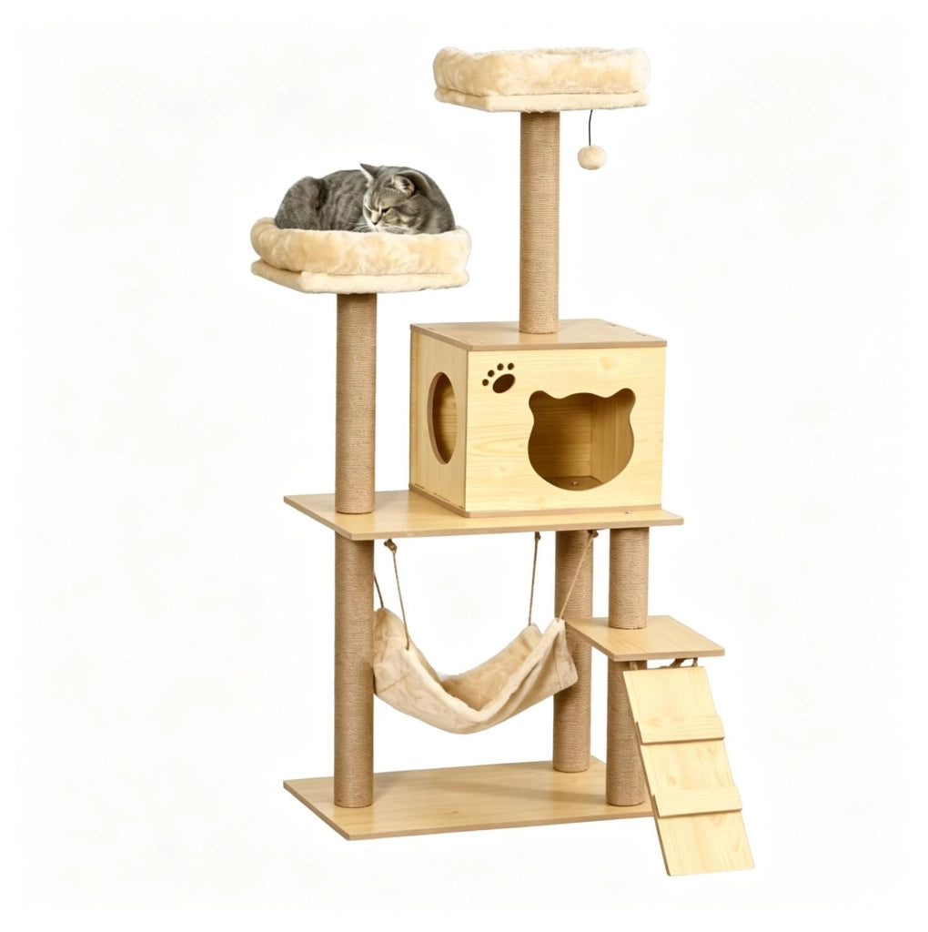 Tiragraffi per gatti 130 cm con amaca e cuccia