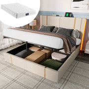 Letto con contenitore 160 × 200 cm imbottito in lino beige con LED RGB USB e Type-C rete a doghe in legno
