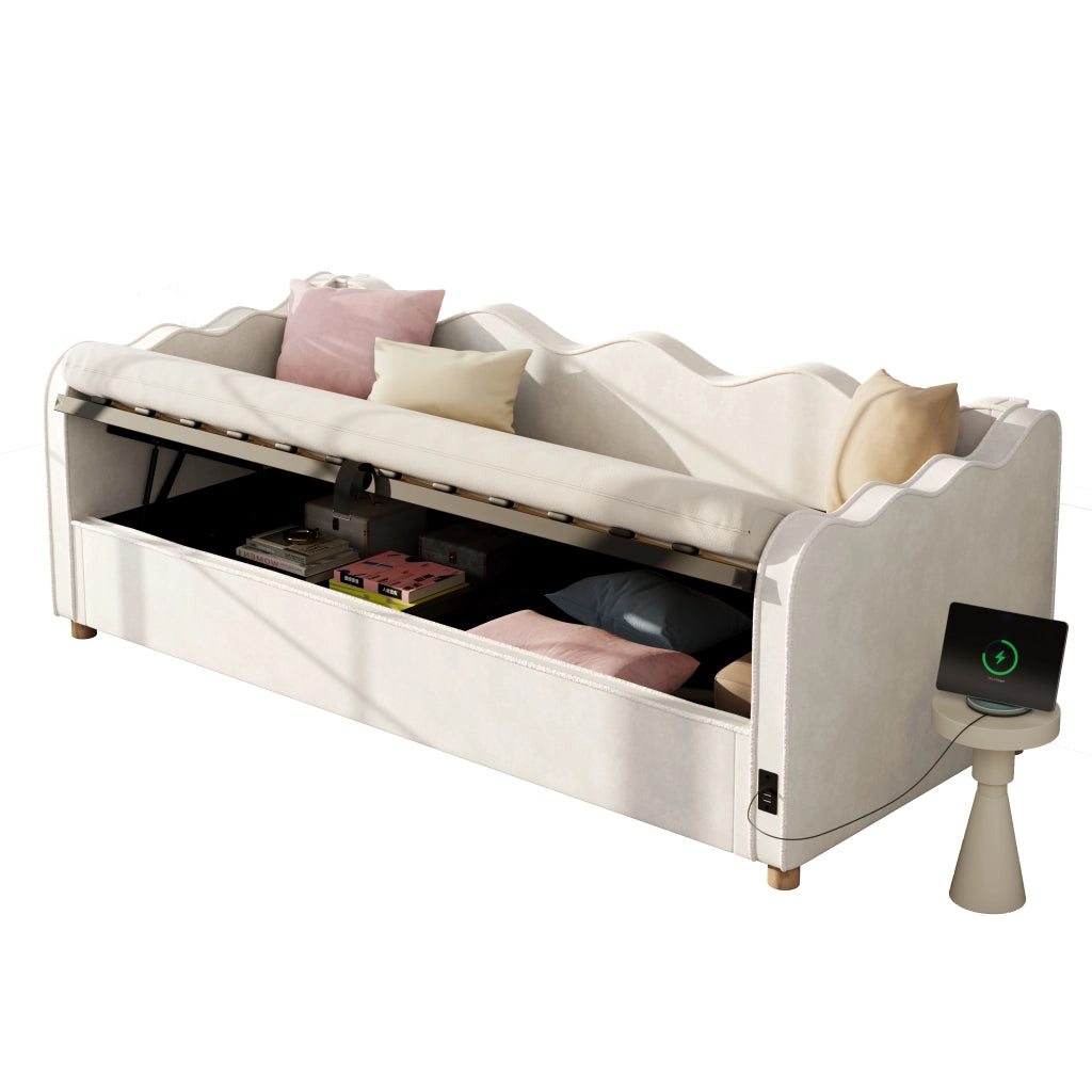Letto per bambini 90x200 cm imbottito con vano contenitore idraulico; USB e Type-C; velluto beige