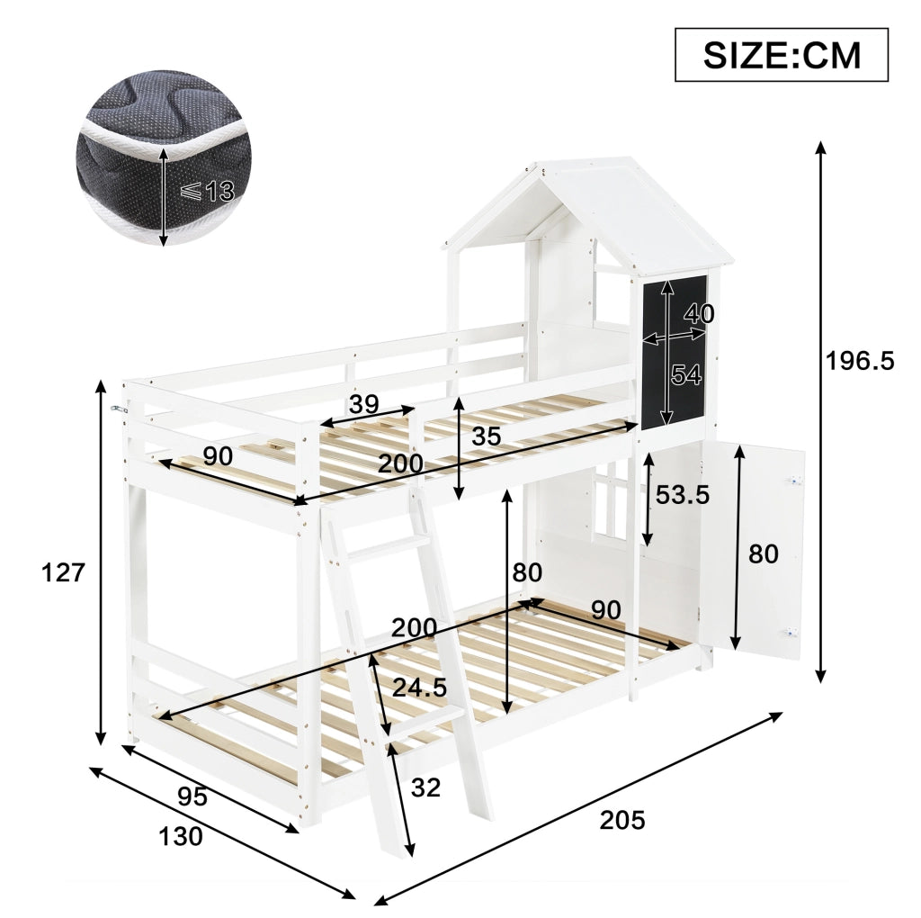 Letto a castello per bambini 90x200 cm con lavagna e scala inclinata in pino bianco