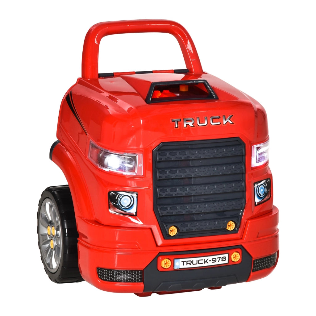 EasyComfort Officina Camion Giocattolo con Motore e 61 Accessori per Bambini 3-5 Anni, Ruote e Maniglia, 40x39x47cm, Rosso