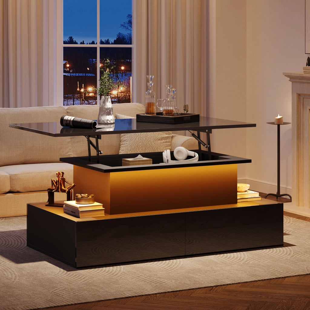 Tavolino da salotto nero lucido con illuminazione LED, 4 cassetti e piano estraibile 90x55x41 cm, portata 30 kg