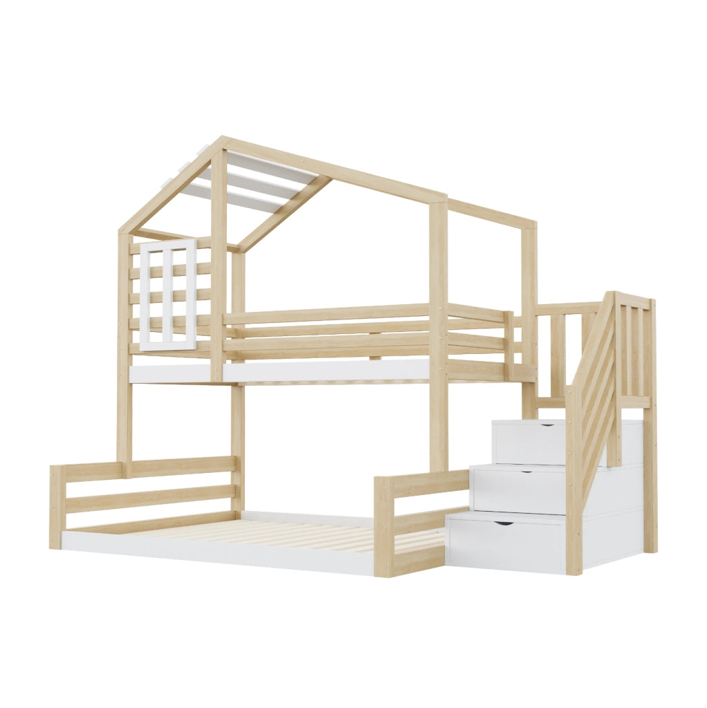 LETTO A CASTELLO 90x200 cm in pino e MDF naturale con scala contenitore