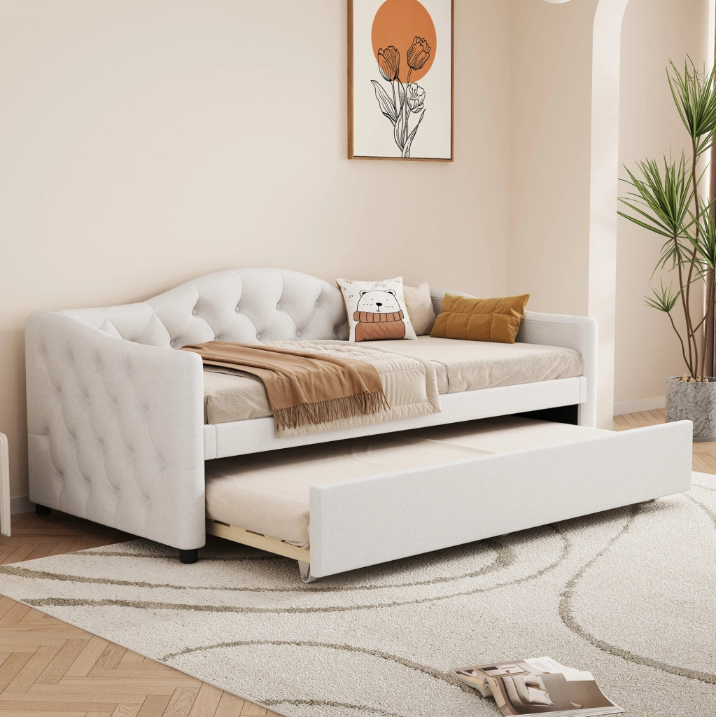 Letto singolo 90x200 cm con letto estraibile in lino beige HOMVRA