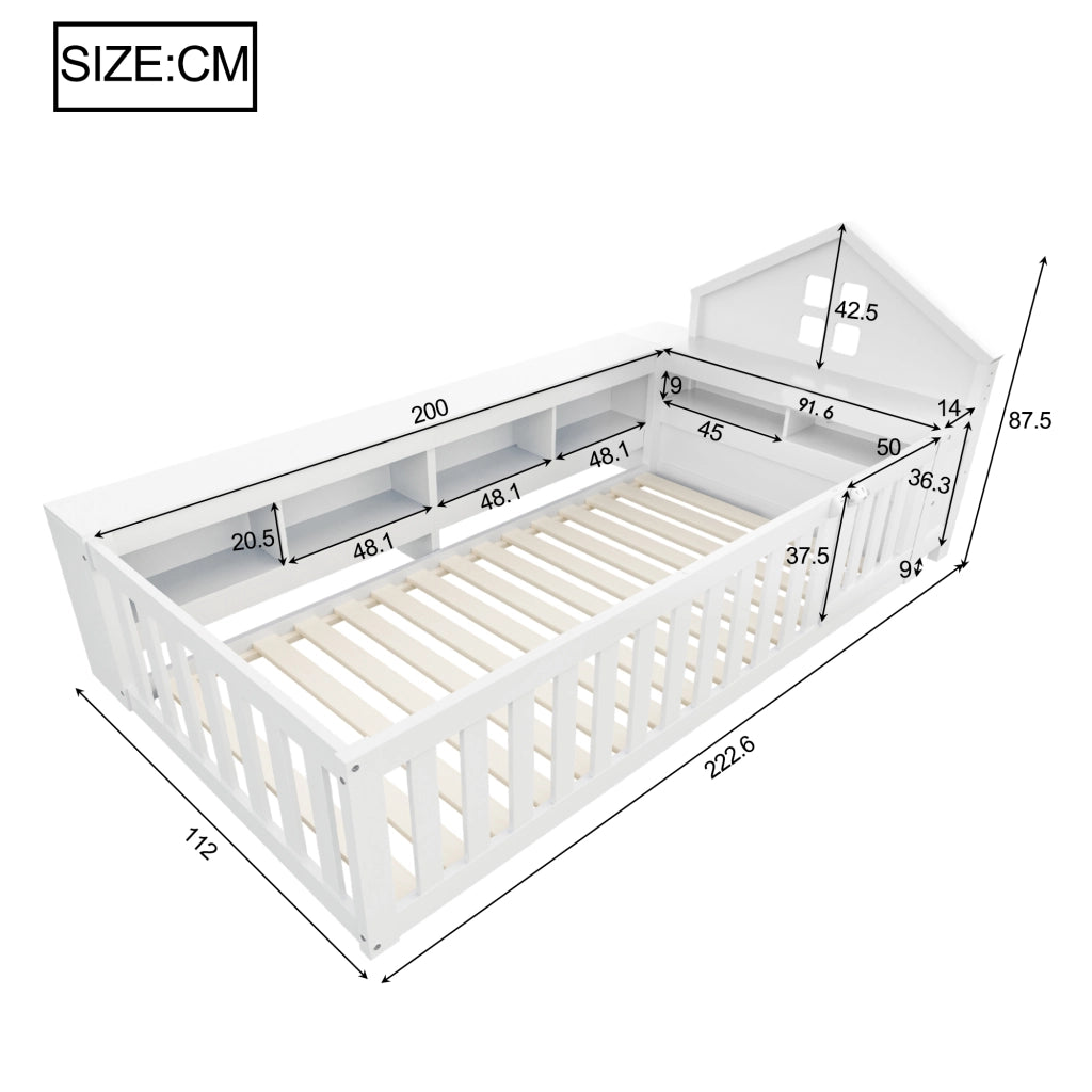 DESMIU Letto per Bambini Singolo con Contenitori, Sponde e Porta, 90 × 200 cm, Senza Materasso, Legno Massello, Bianco