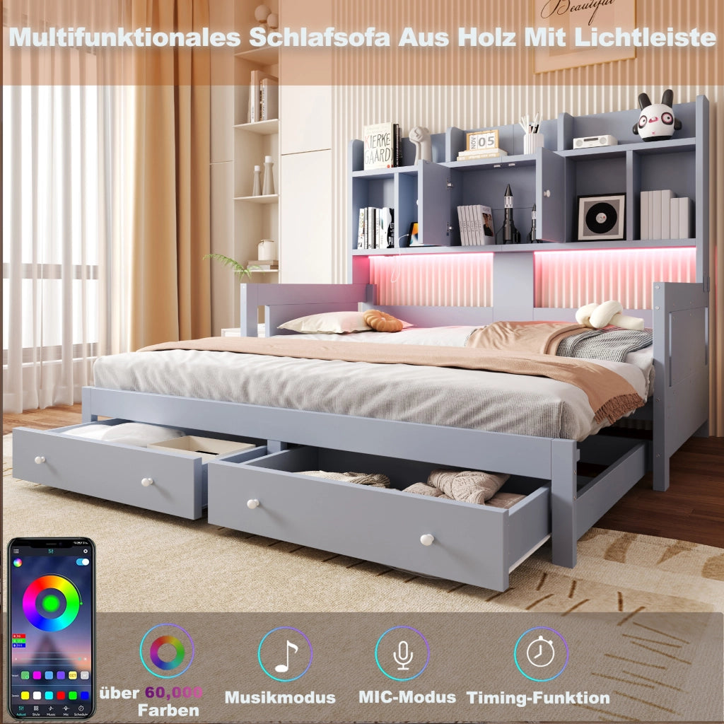 Letto estraibile in legno grigio con cassetti vani contenitore prese integrate e illuminazione LED