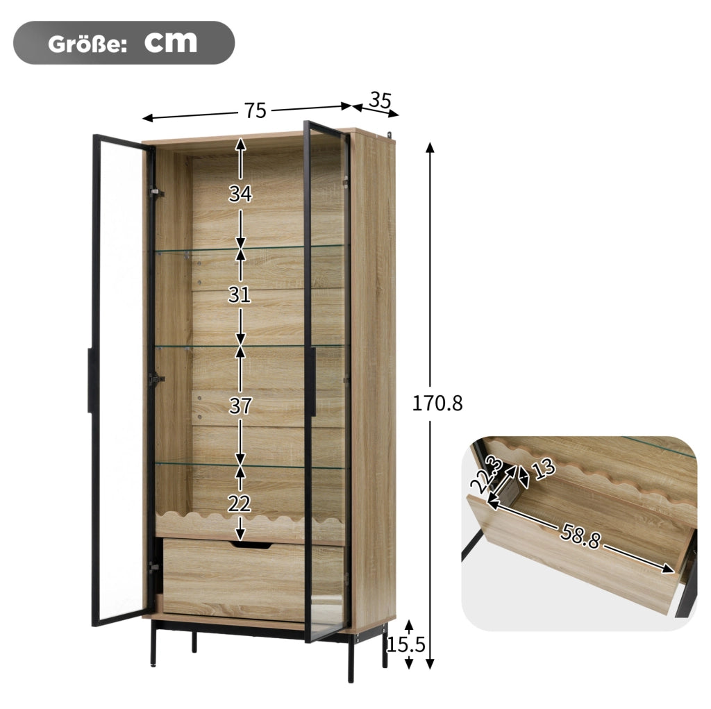 Mobile alto con porta in vetro, ripiani in vetro regolabili in altezza e cassetto, piedi in metallo, design a onde, per soggiorno, camera e corridoio