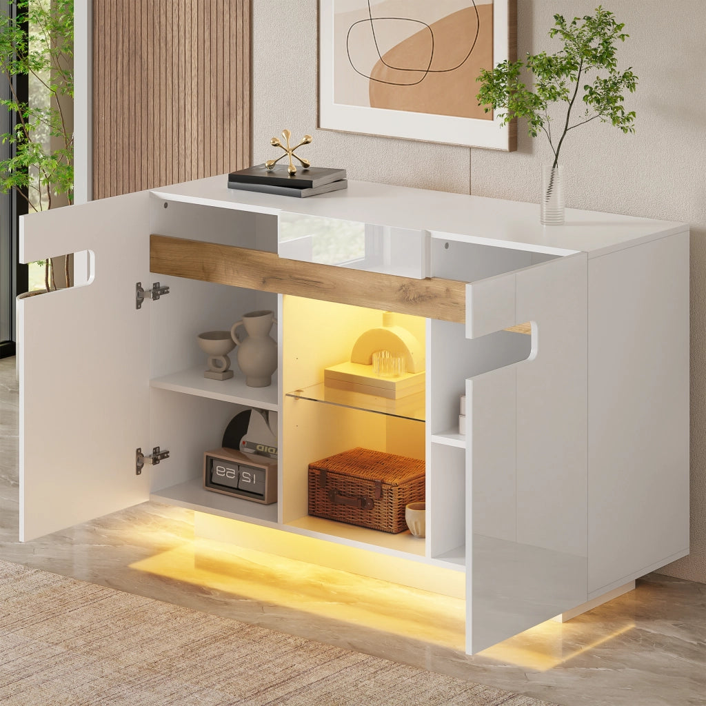 Credenza con 4 vani; 2 ripiani aperti e LED - per soggiorno - 120×40×80 cm - bianco