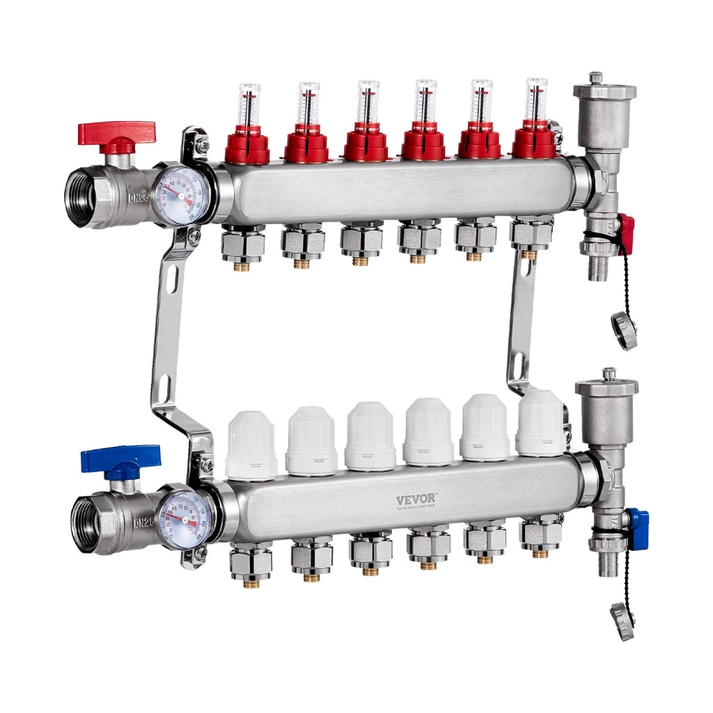 Collettore di Riscaldamento Radiante a 6 Rami, Acciaio Inossidabile SUS304, Kit per Tubi PEX da 12,7 mm, Robusto, per Pavimento Radiante Idronico