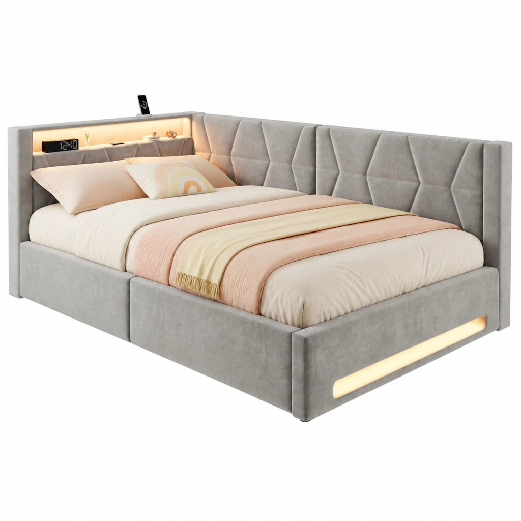 Letto imbottito con contenitore 140 x 200 cm in velluto grigio scuro; LED; USB e Type-C